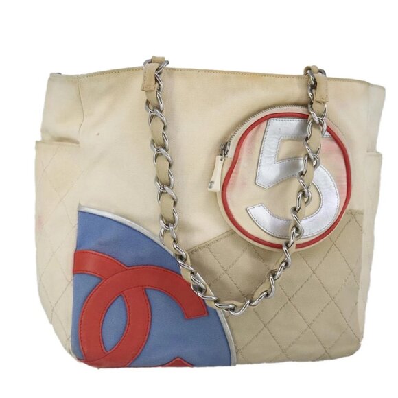 CHANEL Chain Tote Bag No5 Canvas White Silver - Picture 1 of 15